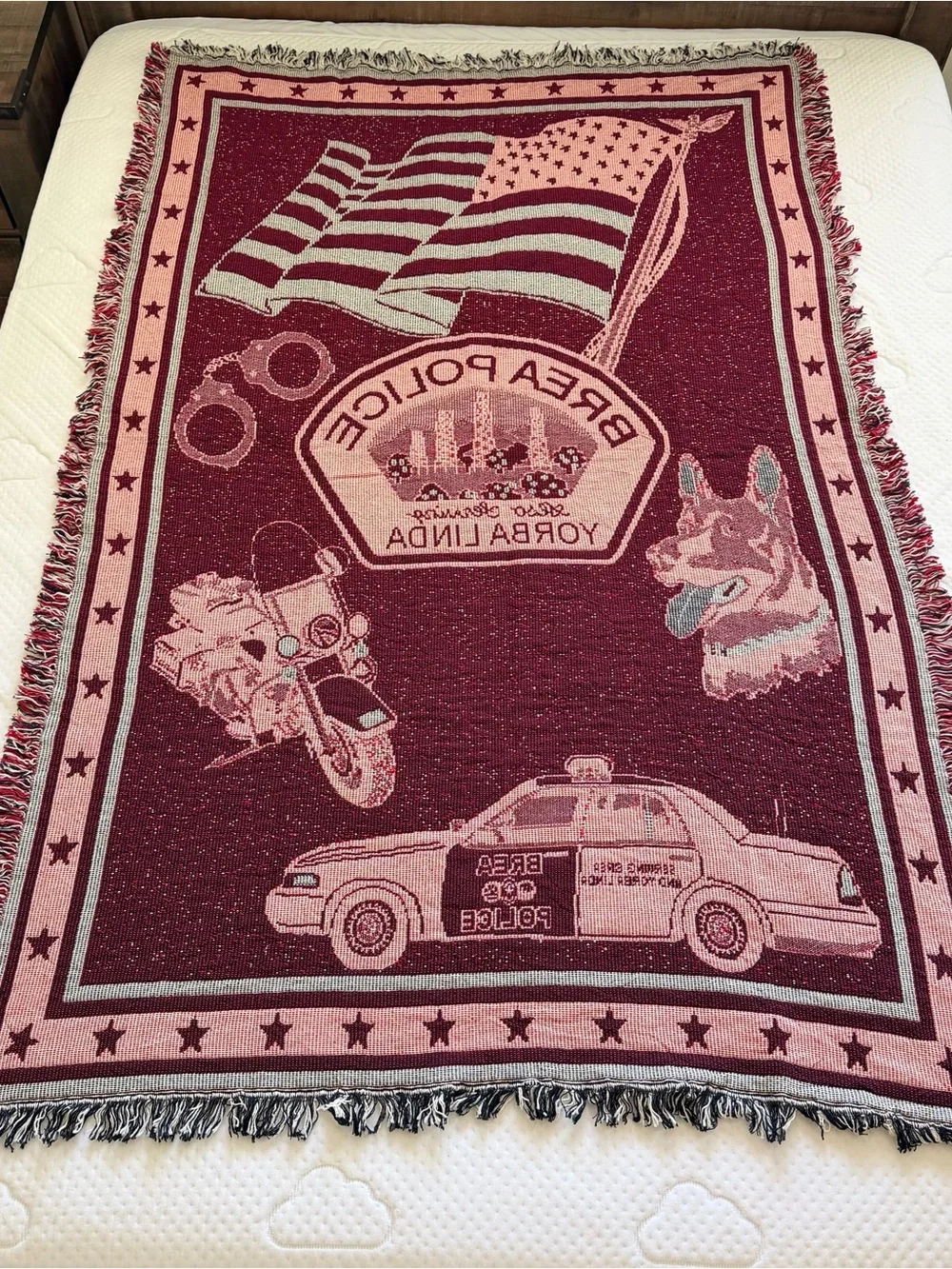 Vintage Brea Police Yorba Linda Throw Fringe Blanket Cotton CA Rare 43 X 70”
